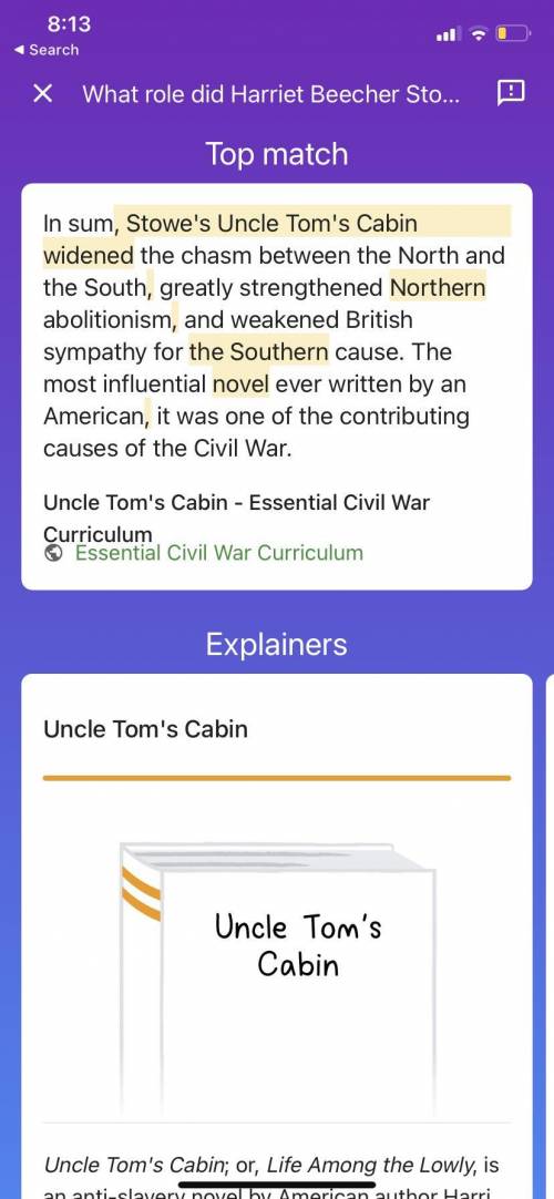 What role did Harriet Beecher Stowe's novel, Uncle Tom's Cabin have on widening the

views of Nor