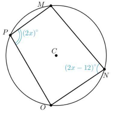 Examine the diagram, where quadrilateral MNOP is inscribed in ⨀C such that m∠P=(2x)∘ and m∠N=(2x−12
