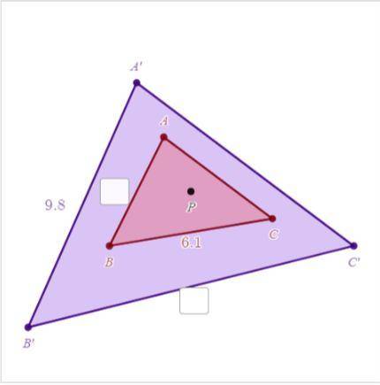 Triangle ABC has been dilated using P as the center of dilation and a scale factor of 2.Enter the l