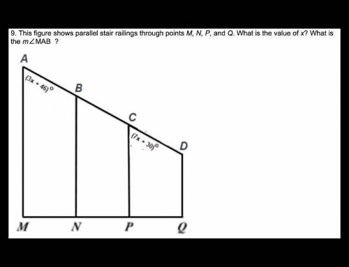 This figure shows parallel stair railings through points M, N, P, and Q. What is the value of