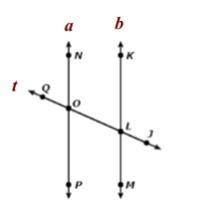 In the diagram, line a and b are parallel. Line is the transversal.

Given that the measure of ang