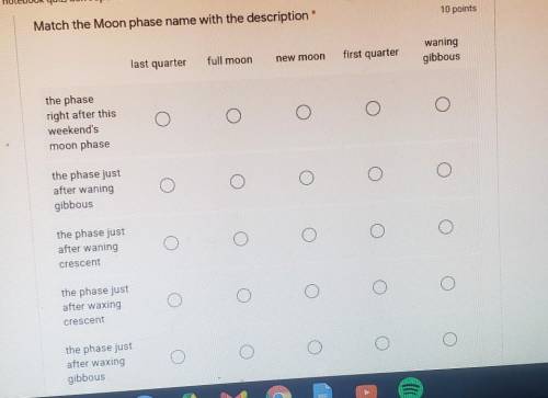 PLEASE HELP WITH MOON PHASES :)

Match the Moon phase name with the description last quarter full