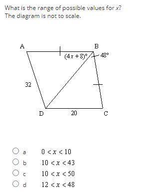What is the range of possible values for x?
The diagram is not to scale. What is correct