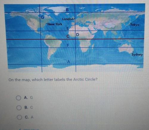 On the map, which letter labels the Arctic Circle? O A. G ОВ. С Ос. А O D. B