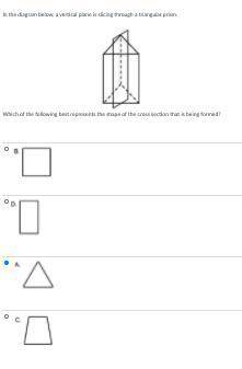 In the diagram below, a vertical plane is slicing through a triangular prism.

Which of the follow