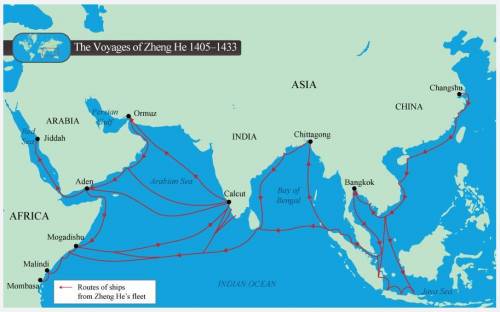 Based on the map, list two modern-day countries in Africa that Zheng He would have made contact wit