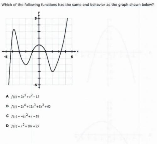 (HELP ASAP TIMED TEST)

Which of the following functions has the same end behavior as the graph sh
