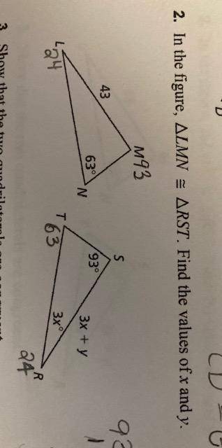 2 congruent triangles solve for x and y