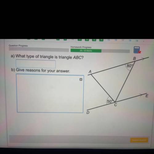 What type of triangle is triangle ABC?
Give reasons for your answer.