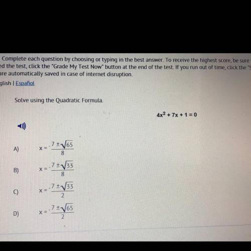 4x2 + 7x + 1 = 0
Solve using the quadratic formula