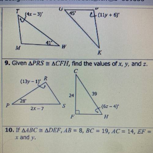 Given triangle PRS is congruent to triangle CFH, find the values of x , y and z ?