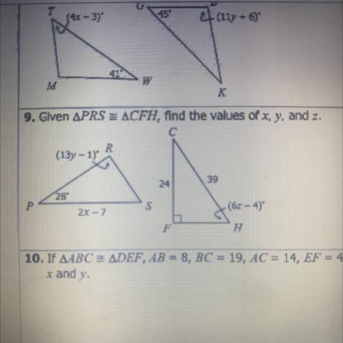 Given triangle PRS is congruent to triangle CFH, find the values of x , y and z