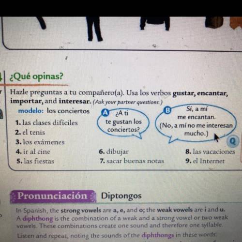 Ask your partner using the word provided and the verbs gustar, encantar, importar, and interesar. T