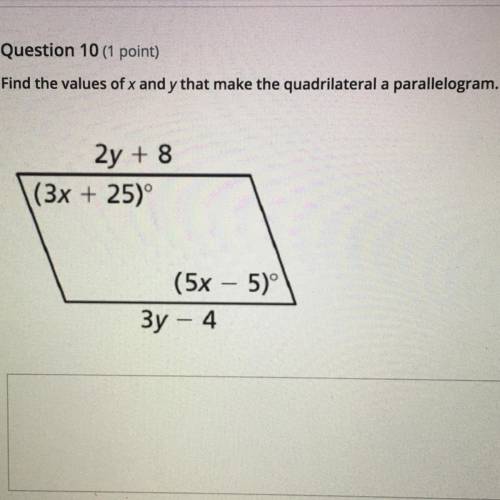 Find the values of x and y that make the quadrilateral a parallelogram.