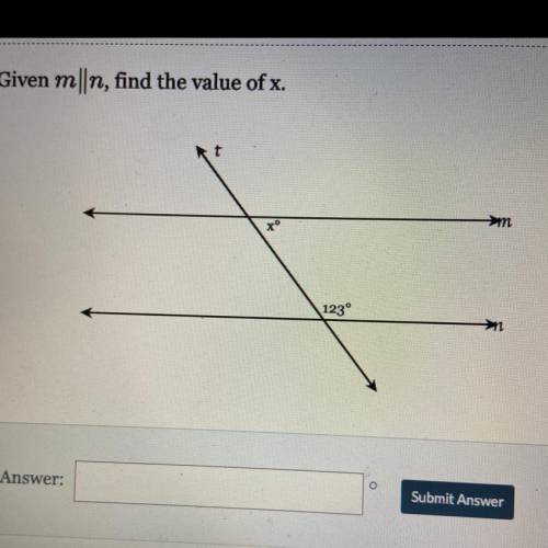 Given m|n, find the value of x.
t
4
123°