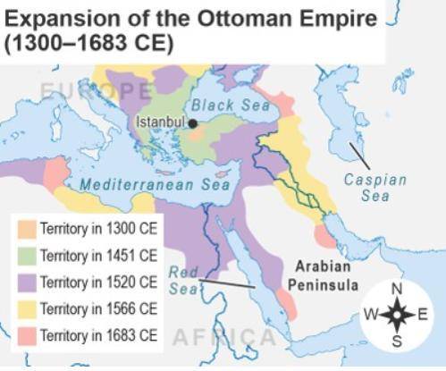 Study the map. Which statements best describe the growth of the Ottoman Empire? Choose two correct
