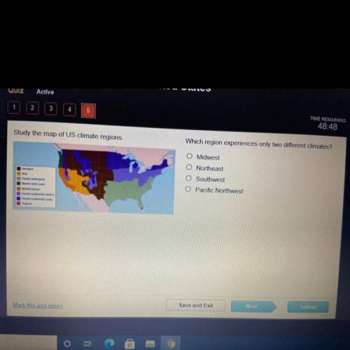 Study the map of US climate regions.

Which region experiences only two different climates?
O Midw