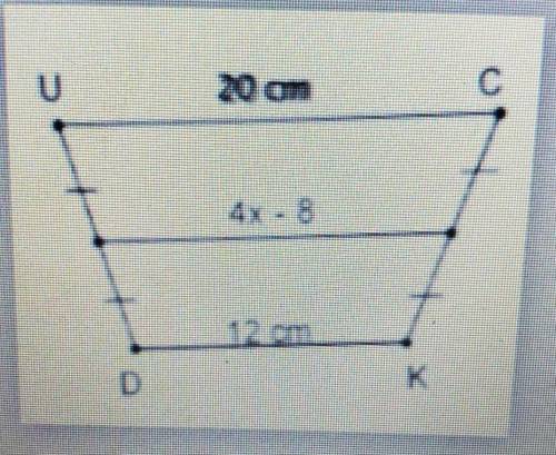 Please help on a timed assignment

Given Isosceles Trapezoid DUCK with mid-segment PQ, what is the