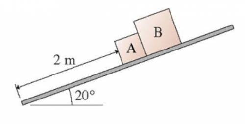 Two packages at UPS start sliding down the 20-degree ramp shown in the figure. Package A has a mass