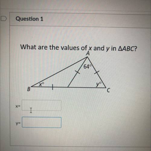 What are the values of x and y in triangle ABC?