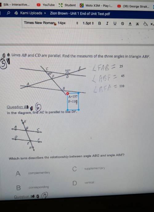Lines AB and CD are parallel. find the measures of the three angles in triangle ABF
