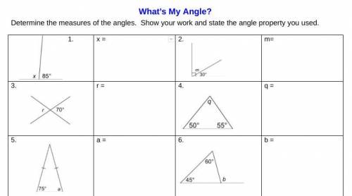 PLEASE HELP! :)
IM SUPER BEHIND ON MY MATH AND NEED HELP!
ANGLES!