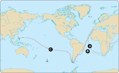 Which letter shows the route of Vasco da Gama?
A
B
C