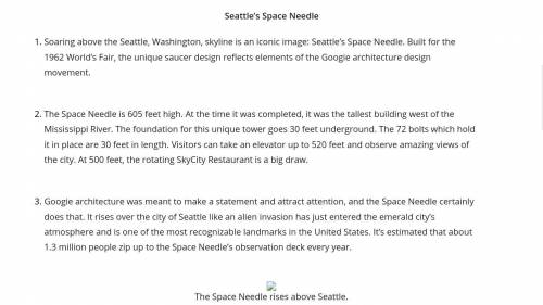 (First to answer gets brainleist!) Which evidence from “Seattle’s Space Needle” supports the idea t