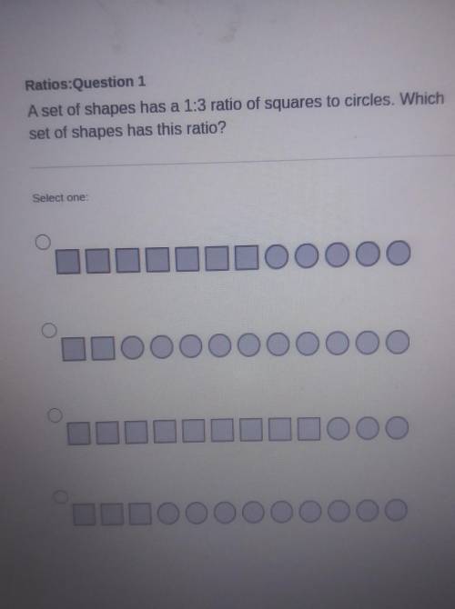 Ratios:Question 1 A set of shapes has a 1:3 ratio of squares to circles. Which set of shapes has th