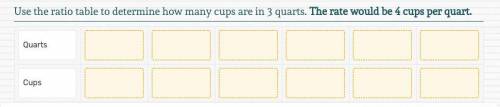 Use the ratio table to determine how many cups are in 3 quarts. The rate would be 4 cups per quart.
