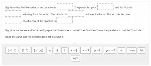 Gigi graphs the parabola (x+1)^2=2(y−3).

How does she proceed?
Drag a value, coordinates, equatio