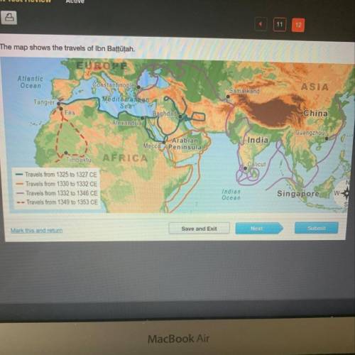 What does the map show about Ibn Battutah's travels?

He traveled mainly in Europe.
He focused mai