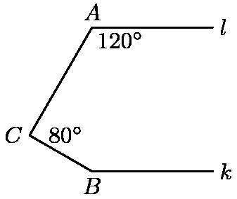 Lines l and k are parallel to each other. mA=120 degrees. and mC=80 degrees. What is the number of
