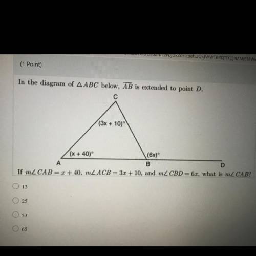 In the diagram of triangle ABC below, line segment AB is extended to point D.