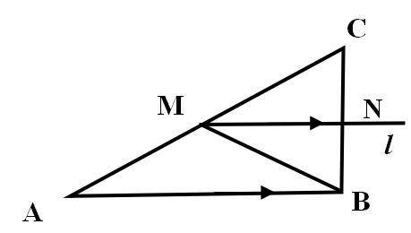 In △ABC, BM is a median, △BMC is equilateral and MC = 3cm. Through M is drawn line l∥AB that inters