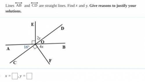 Lines AB and CD are straight lines. Find x and y. Give reasons to justify your solutions.

PLS HEL