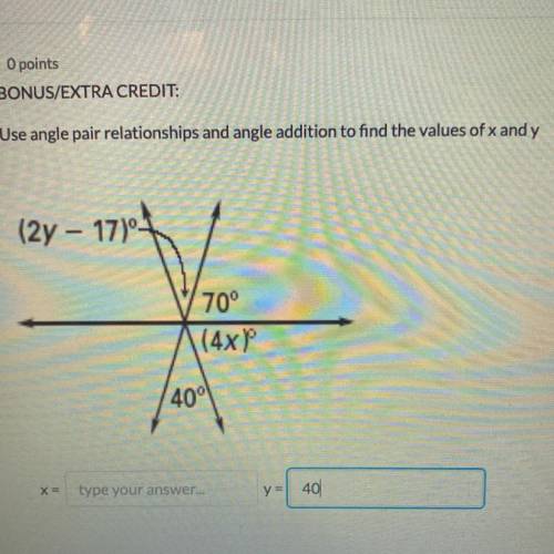Use angle pair relationships and angle addition to find the values of X and Y