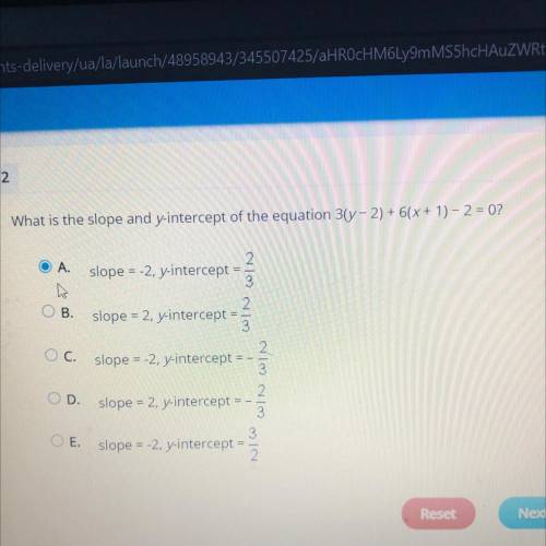 What is the slope and y-intercept of the equation 3(y-2) + 6(x+1)-2 = 02