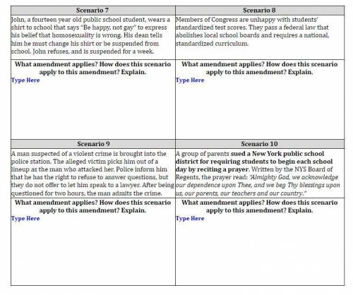 Read the following scenarios with your group members. Then, determine which Amendment applies to ea