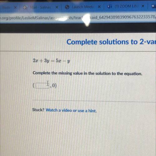 2x + 3y = 52 - y
Complete the missing value in the solution to the equation.
(1,0)