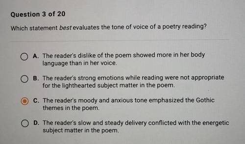 Which statement best evaluates the tone of voice of a poetry reading? O A. The reader's dislike of