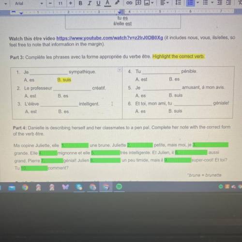 Part 3: Complète les phrases avec la forme appropriée du verbe être. Highlight the correct verb.