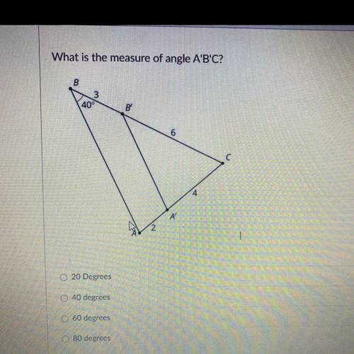 What is the measure of angle A'B'C?
20 Degrees
40 degrees
60 degrees
80 degrees