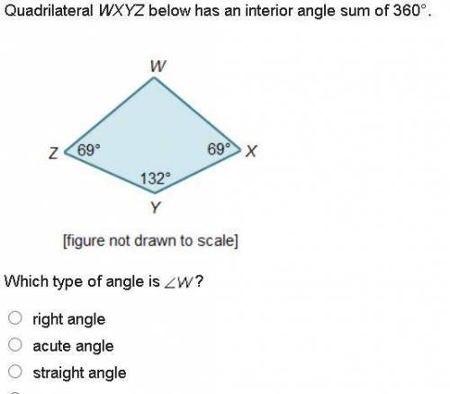 Quadrilateral WXYZ below has an interior angle sum of 360°.

Quadrilateral W X Y Z. Angle Z is 69
