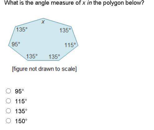 What is the angle measure of x in the polygon below?

A polygon with 7 sides. The angle measures a