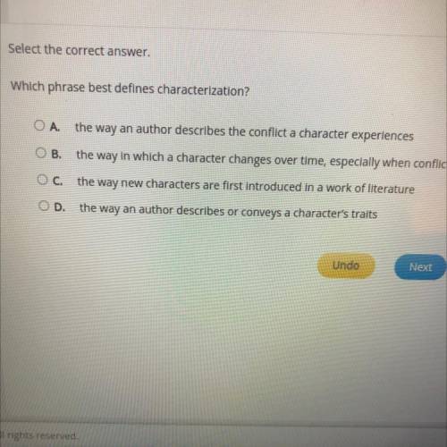 Select the correct answer.

Which phrase best defines characterization?
ОА.
the way an author desc