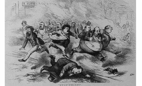 Based on this Thomas Nast cartoon of Boss Tweed and his henchmen running away from the New York Cit