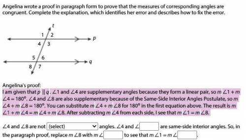 I am given that p || q. ∠1 and ∠4 are supplementary angles because they form a linear pair, so m∠1