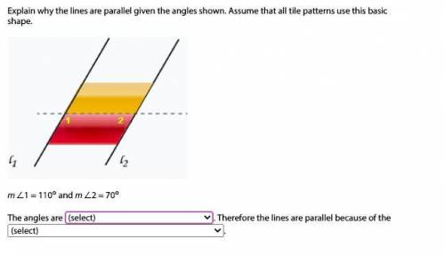 Explain why the lines are parallel given the angles shown. Assume that all tile patterns use this b