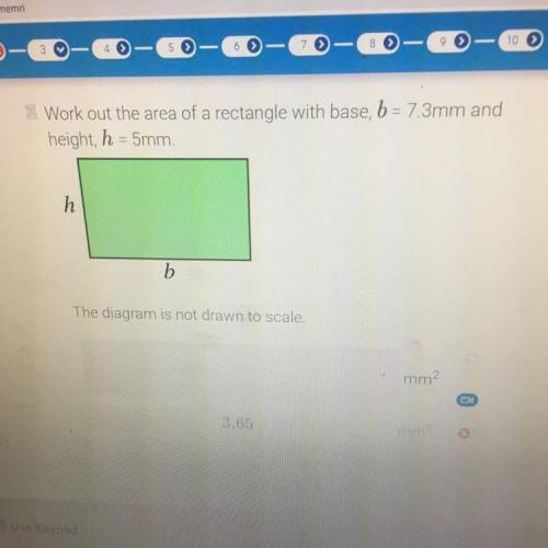 Work out the area of a rectangle with base, b = 7.3mm and

height, h = 5mm.
h
b
The diagram is not